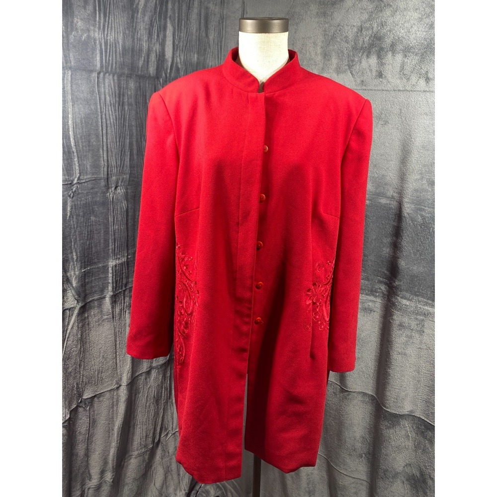 John Meyer of Norwich Jacket Women Size 18W RedEmbroidered Long Blazer Button Up - Picture 2 of 11